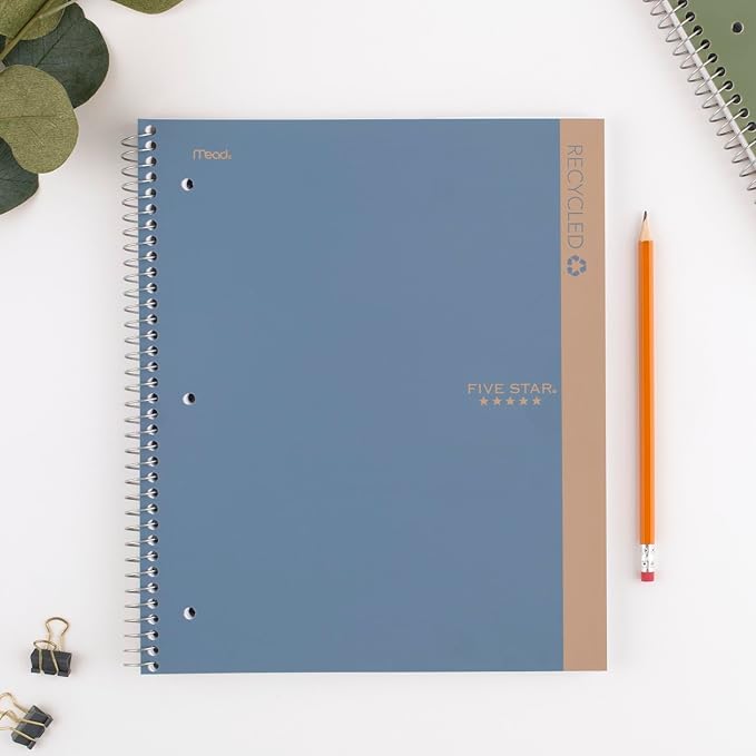 Five Star Spiral Notebooks + Study App, Recycled Cover, 4 Pack, 1 Subject, College Ruled Paper, 8-1/2” x 11", 100 Sheets per Notebook, Zion Clay, Olympic Green, Glacier Blue, Smoky Gray (820046)