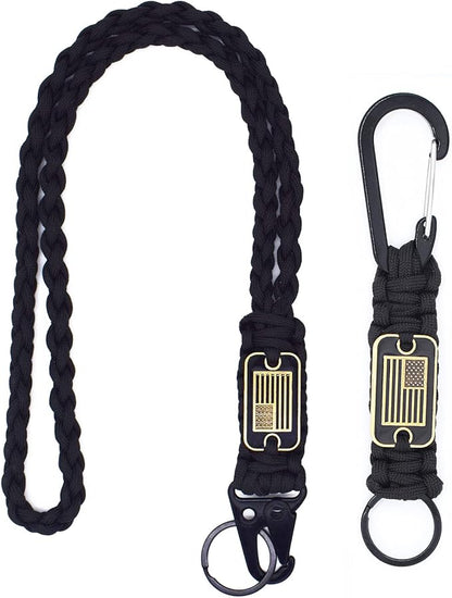 2 Pcs Heavy Duty Braided Paracord Lanyard Keychain with USA Flag, Parachute Rope Necklace Keychains, Braided Strong Lanyard with Metal HK Clip Key Ring for Outdoor Activities, Camera, Traveling