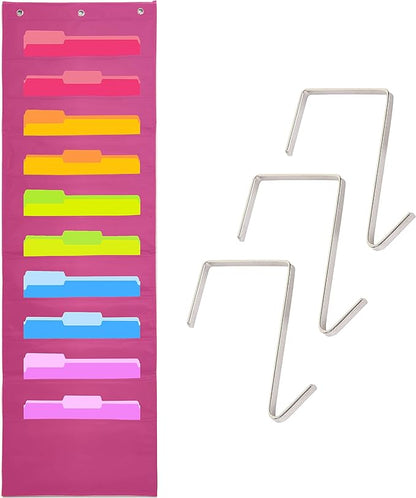 Hippo Creation Heavy Duty Storage Pocket Chart for Classroom, 10 Pocket Storage Organizer with 3 Over-Door Hangers, Hanging Wall Organizer for File Folders, School Mailbox, Home Office Papers - Pink