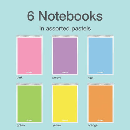 Oxford Steno Spiral Notebooks, Top Bound Steno Pads, 6x9 Inches, Gregg Ruled for Lists, White Paper, Asst. Pastel Covers, 80 Sheets, 6 Pack (1007112)