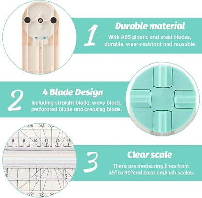 Paper Cutter,4-in-1 Paper Trimmer,Photo Cutter,Multi-Function Scrapbooking Tool with Dial Blades of Straight,Wave,Perforated,Creasing for Cutting Paper,Coupons,Postcards,Card