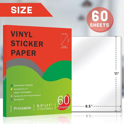60 Sheets Premium Printable Vinyl Sticker Paper for Inkjet Printers Glossy White 8.5x11 Inch Waterproof & Vibrant Colours Retains Ink Well Tear Resistant Great for Cutting Machines