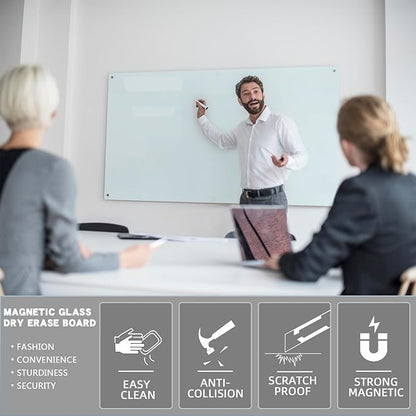 Glass Magnetic White Board - 72 x36 Inches Dry Erase Glass Whiteboard for Wall, Large Wall Mounted Glass Board for School, Office and Home