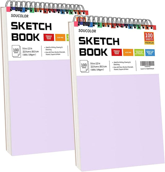 Soucolor 9" x 12" Sketch Book, Christmas Gifts for Women, Birthday Gifts for Women, Thank You Gifts, Stocking Stuffers Gift Set, 2 Packs 100-Sheets Each (68lb/100gsm) Drawing Pad for Women and Girls
