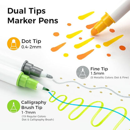 Ohuhu Journal Pens 24 Colors Dot Markers Pens Dual Tips (Calligraphy Brush & Dot) for Adults Water-based Metallic & Regular Colors Dot Pens for Lettering Journal Scrapbooking Coloring Markers - Kumimi