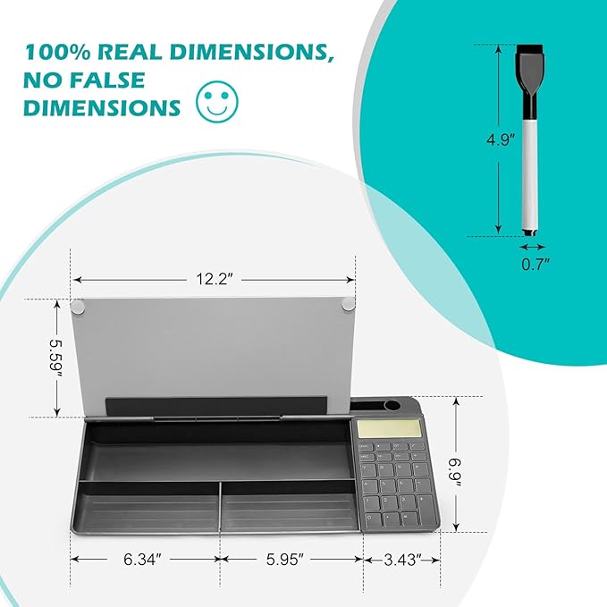 Desktop Glass Whiteboard with Calculator(12 Digit LCD Display) & Ruler Marker,Tilted Notepad Computer Keyboard Stand with Dry Erase Board Surface, Desk Organizers with Accessories,Gray