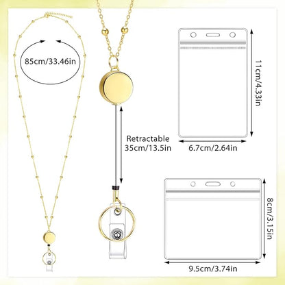 Lanyards for Id Badges 3 Pack Badge Lanyard with 6 Pcs Id Badge Holder Retractable Stainless Steel Teacher Lanyards Cruise Ship Lanyards for Girl Women (Gold, Silver, Pink)