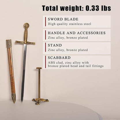 11" Metal Stainless Steel Sword Letter Opener with Stand,Medieval Vintage Gold Handle,Mini Sword,Lightweight Hand Envelope Slitter,Special Gift