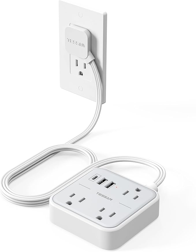 Ultra Thin Flat Extension Cord 5 FT, TESSAN Slim Power Strip with USB Ports (1 USB C), Surge Protector Flat Plug Wall Charger with 3 Outlets for Office, School, Dorm Room Essentials