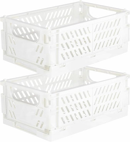 Tixill 2-Pack Mini Foldable Plastic Storage Box Mini Plastic Baskets for Organizing and Storage for Home Kitchen Bedroom Bathroom Office. (White, 16x11x6)