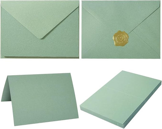 50 Pack Sage-Green A7 Envelopes with Cards 5x7 Thick Folded Cardstock and Gold Stickers for Greeting Cards, Wedding, Birthday, Invitations, Baby Showers (Sage-Green, 5x7)