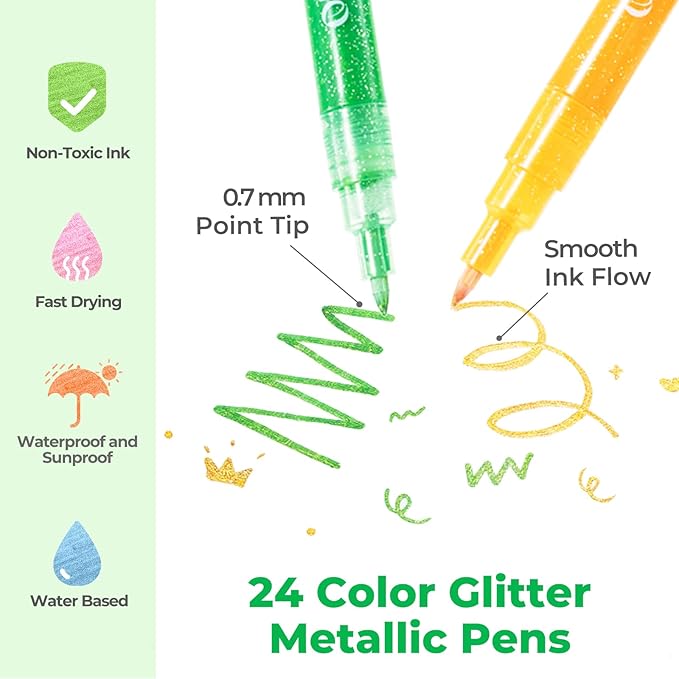 Ohuhu Glitter Markers Pen 24 Glitter Colors Fine Point Tip Water-based Metallic Shimmer Markers for Kids Adults DIY Crafts Greeting Birthday Cards Drawing Coloring Poster Album Scrapbooking Mugs Wood