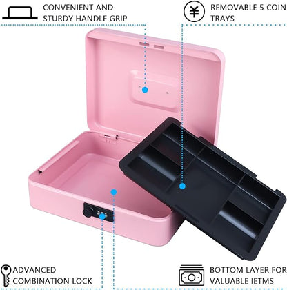 KYODOLED Metal Cash Box with Combination Lock Money Box for Cash Safe Metal Box with Money Tray for Security Lock Box 11.81"x 9.45"x 3.54" Pink X Large