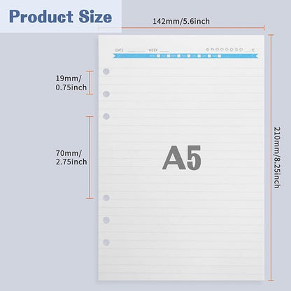 A5 Refills Paper, A5 Binder Planner Loose Leaf Paper, 120 Sheets (240 Pages) 6-Hole Notebook Refills for 6-Ring Refillable A5 Ring Binder Notebook Planner, Lined Paper Creamy Color