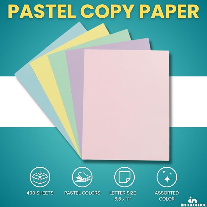 1InTheOffice Pastels Colored Copy Paper, Assorted, 8.5 x 11 inch Letter Size, 20lb Density, (400 Sheets)