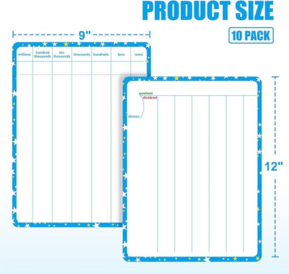 10 Packs Division Whiteboard Card, Double Sided Dry Erase Board Writable and Erasable Math Learning White Board for Kids, Students, Classroom and Home (Each Measures 12” x 9”)