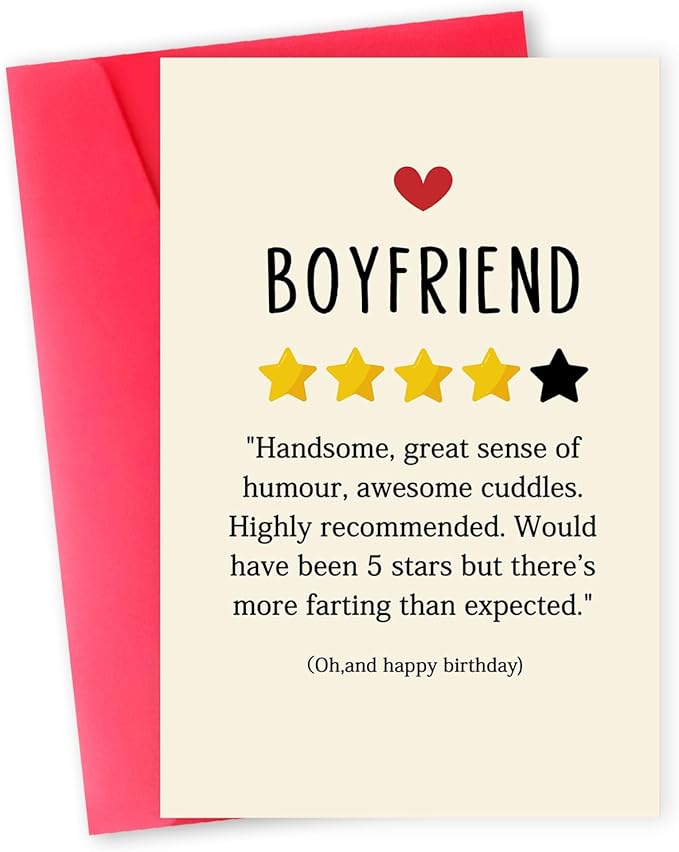 Funny Birthday Card for Boyfriend，Happy Birthday Cards Gifts for Men Him，Humorous 4-Star Review Bday Gift Card for Boyfriend，Romantic Birthday Gifts for Boyfriend from Girlfriend