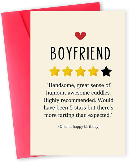 Funny Birthday Card for Boyfriend，Happy Birthday Cards Gifts for Men Him，Humorous 4-Star Review Bday Gift Card for Boyfriend，Romantic Birthday Gifts for Boyfriend from Girlfriend