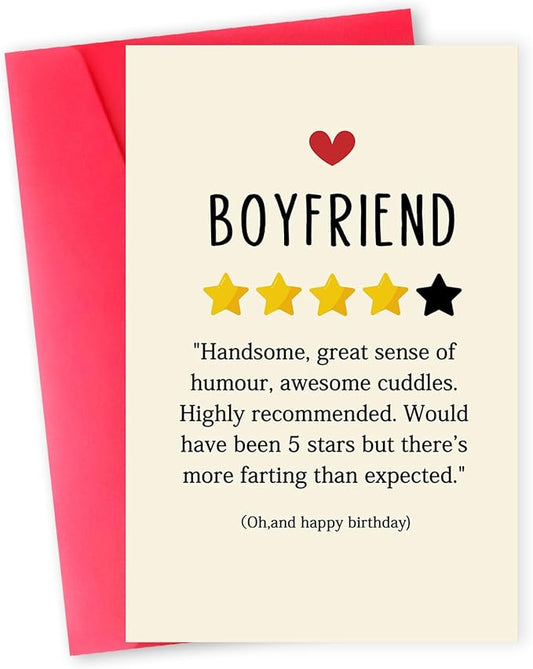 Funny Birthday Card for Boyfriend，Happy Birthday Cards Gifts for Men Him，Humorous 4-Star Review Bday Gift Card for Boyfriend，Romantic Birthday Gifts for Boyfriend from Girlfriend
