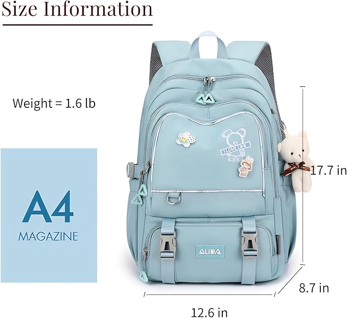 Cute School Laptop Backpack with Large Capacity Multiple Pockets for Girls Travel Friendly with Luggage Strap Accessory Included (Blue)