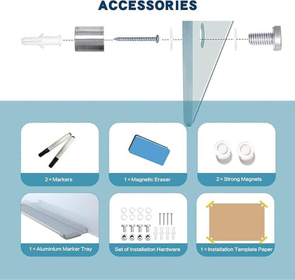 Magnetic Glass Whiteboard, 24"x36"Frameless Dry Erase Board White Board Surface Wall Mounted for Office, Classroom & Home