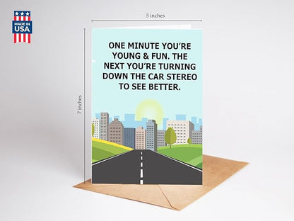 One Minute Your Young and Fun Greeting Card - Funny Getting Older Happy Birthday Card Gift Idea for Men Women Him Her - Hilarious Old and Senile Sarcastic Joke Present for Mom Dad Grandma Grandpa