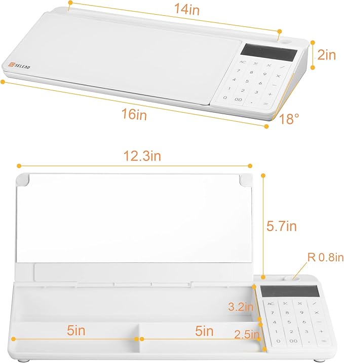 SELEAD Desktop Glass Whiteboard with Calculator & Built-in Mirror, Dry Erase White Board Computer Pad Keyboard Stand with Organizer Drawer, Desk Accessories for Home, School, Office