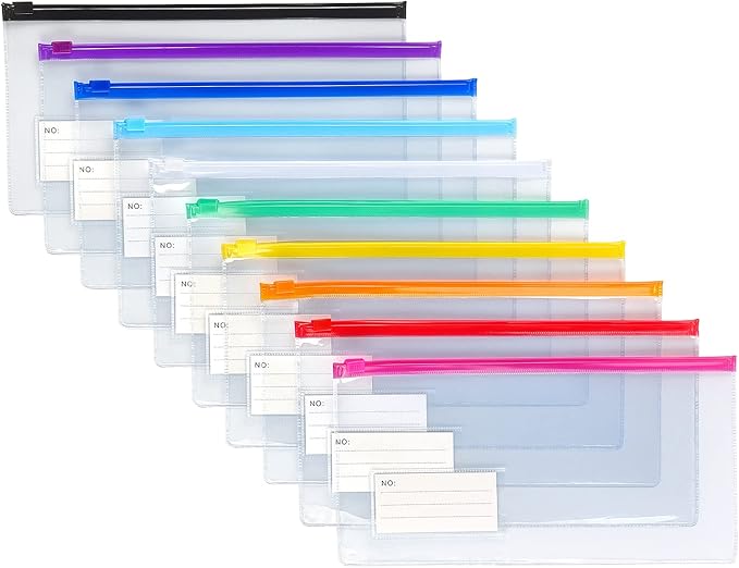 Tamaki 10 Pack Zipper Plastic Envelopes, Small Plastic Envelopes, A6 Size for Pencil Case Bulk, Bill Bag, 10 Color (9x4.7 Inch)