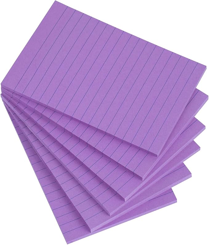 Vanpad Lined Sticky Notes 4X6 in Bright Purple Ruled Stickies Super Sticking Power Memo Pads Strong Adhesive, 6 Pads/Pack, 45 Sheets/pad