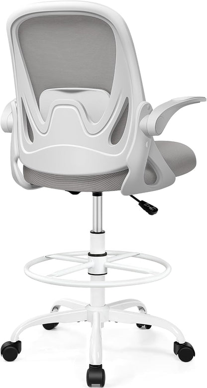 Drafting Chair Tall Office Chair with Flip-up Armrests, Adjustable Height, and Enhanced Lumbar Support - Ergonomic Rolling Stool, Back Support, and Adjustable Foot Rest Ring for Standing Desk Gray
