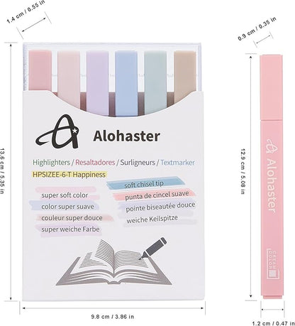 HPSIZEE Aesthetic Cute Highlighters Mild Assorted Colors With Soft Chisel Tip, No Bleed Dry Fast Easy to Hold, for Journal Bible Planner Notes School Office Supplies, 6 Pack - Happiness