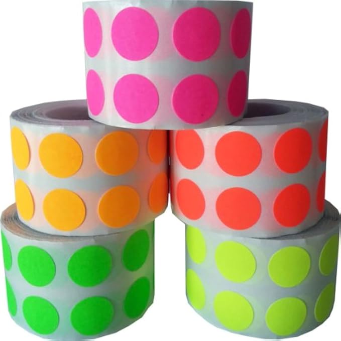 1/2" Color Coding Dot Stickers Fluorescent Collection 1,000 of Each FL Pink FL Yellow FL Green FL Orange FL Red 5,000 Total Labels