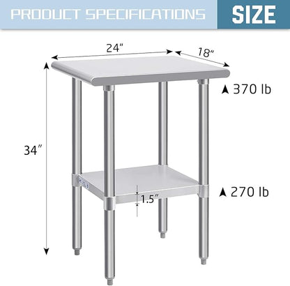 Hally Stainless Steel Table for Prep & Work 24 x 18 Inches, NSF Commercial Heavy Duty Table with Undershelf and Galvanized Legs for Restaurant, Home and Hotel