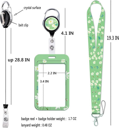 Green Lanyard Badge Holder Daisy Flowers Retractable Badge Reel Clip Cute Lanyard for Keys ID Badge for Women Teens Girls Teachers Aesthetic School ID Holder