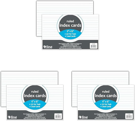 C-Line 5” x 8” Index Cards, White, Ruled, 25/PK (49907) (Pack of 3)