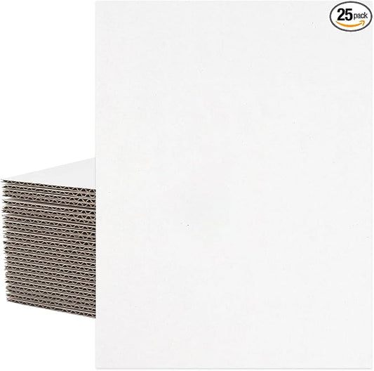 Mat Board Center, 25 pack 9x12 Corrugated Cardboard sheet, 1/8 inch thick, Flat Cardboard Inserts for Mailing, Packaging & Shipping, Cardboard Backing, Craft Card Board (White on one side)