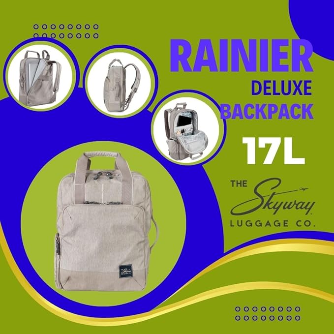 Skyway Luggage Rainier Deluxe Backpack, Eco-Friendly, Made of 100% rPET Travel Laptop Bag for Women & Men, Flight Approved Carry On Bag, 17L, Zion Gray