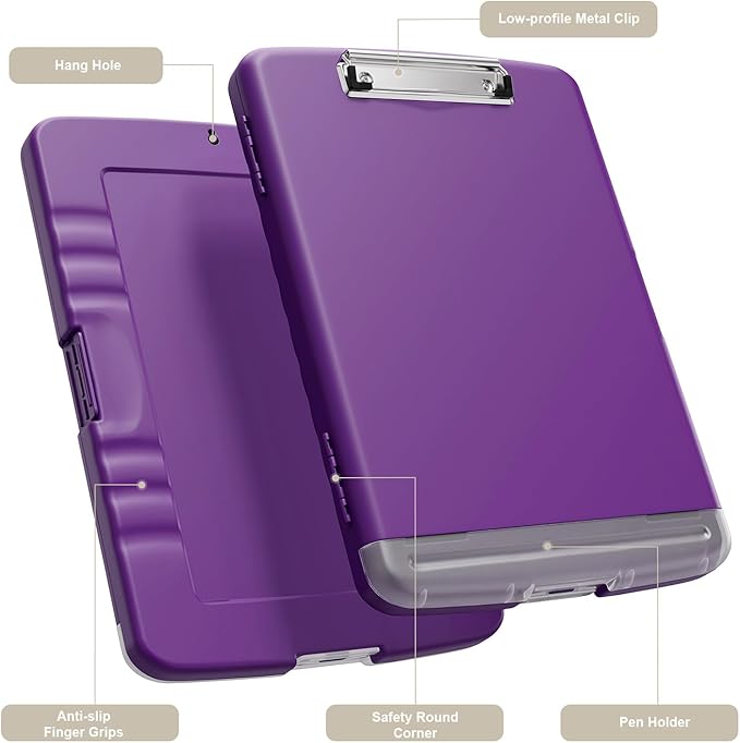 Piasoenc Clipboard with Storage, 8.5 x 11 Organization Box with Pen Holder and A4 Legal Paper Folder, Heavy Duty Plastic, Folio & Side-Opening, Low Profile Clip, for Teachers, Lawers, Deep Purple
