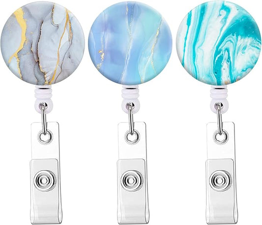 Retractable Badge Reel Clip, Badge Holder with Alligator Clip, Cute Badge Clip on ID Name Card Holders for Nurse Doctor and Office (3Pack Marble Mixed)