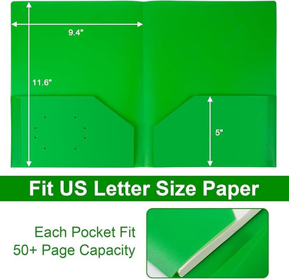60-Pack Plastic Folders with Pockets,2-Pocket Poly Folders Holds 8-1/2" x 11" Paper for School/Office/Home, Green