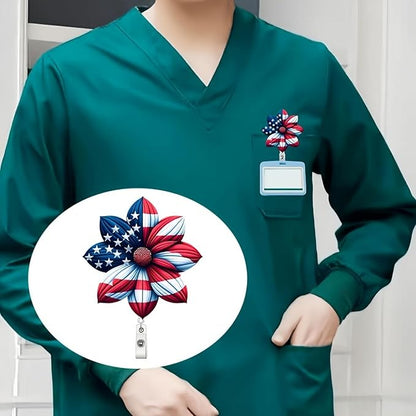 4th of July Flower Badge Holder Retractable with Acrylic Designs Nurse Badge Reel Blue Red Alligator Clip ID Card Patriotic Badge Clip for Teacher Student Independence Day Office Accessories