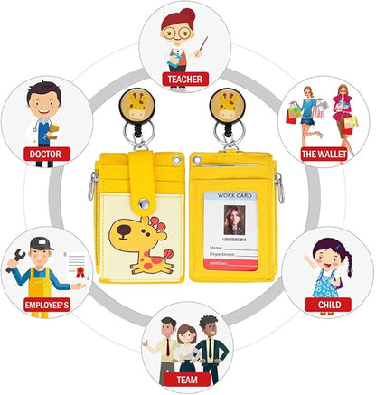 Cute Badge Holder Retractable Lanyard Reel Clip with Heavy Duty Carabiner, 1 Clear ID Window, and 4 Card Slots in 2 Sided for Students Teens Boys Girls Women (01 Yellow Deer)