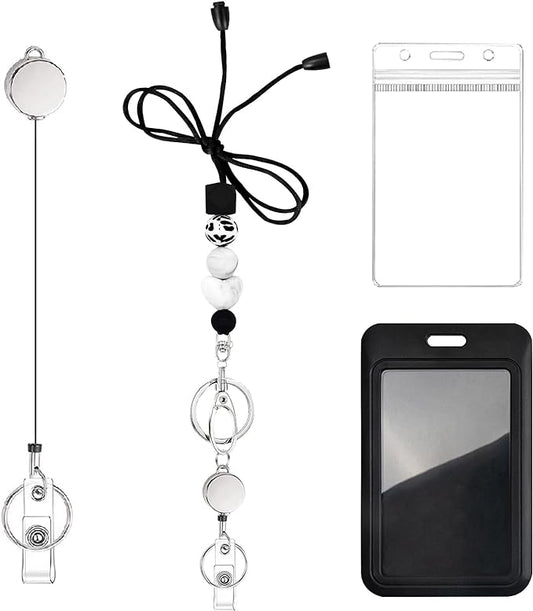 Colorful ID Badge Holder with Silicone Beads Lanyard Set,Cute Teacher Breakaway Lanyard for Keys & Keychain with Cute Retractable Badge Reel Holder,Gift for Women,Nurse, Teacher. (Black White Heart)