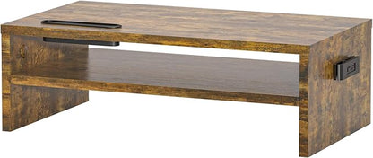 BONTEC Monitor Stand Riser, 2 Tiers Wood Monitor Riser Stand with Storage Organizer, Desktop Ergonomic Monitor Stand Riser with Cellphone Holder and Cable Management, 16.5 Inch Shelf, Vintage Brown