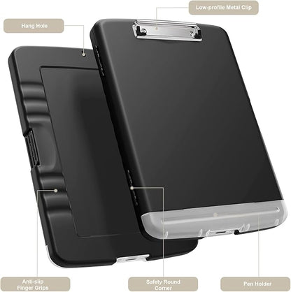 Piasoenc Clipboard with Storage, 8.5 x 11 Organization Box with Pen Holder and A4 Legal Paper Folder, Heavy Duty Plastic, Folio & Side-Opening, Low Profile Clip for Nurses, Teachers, Lawers, Black