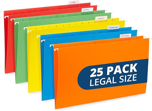 Blue Summit Legal Size Hanging File Folders, 25 Reinforced Hanging Files in Assorted Colors, Designed for Home and Office Color Coded File Organization, 25 per Box