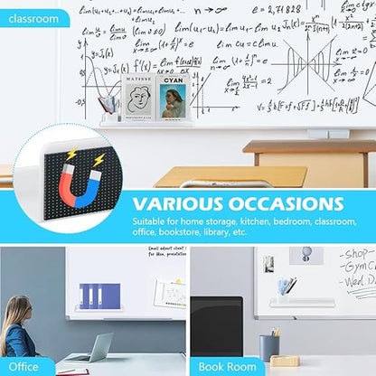 Magnetic Book Shelf for Whiteboard, Magnetic Book Holder File Rack with a Pen Container and Two Hook Acrylic Book Shelves Metal Floating Book Display Shelf for Teacher Kids Room Office(White)