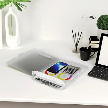 Piasoenc Clipboard with Storage, 8.5 x 11 Organization Box with Pen Holder and A4 Legal Paper Folder, Heavy Duty Plastic, Folio & Side-Opening, Low Profile Clip, for Nurses,Teachers, Translucent