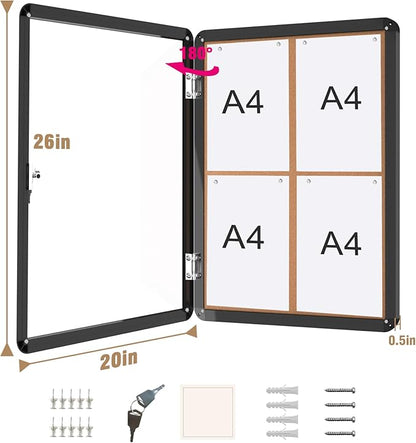 26"x20" Enclosed Bulletin Board, Lockable Weather-Resistant Aluminum Cork Noticeboard for School & Office, Black Frame w/Cork