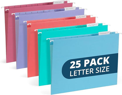 25 Blue Summit Supplies Pretty Hanging File Folders, Pastel Gem Tone Assorted Colors, Cute Hanging File Folders with Plastic Tab Inserts, Holds Letter Size Documents